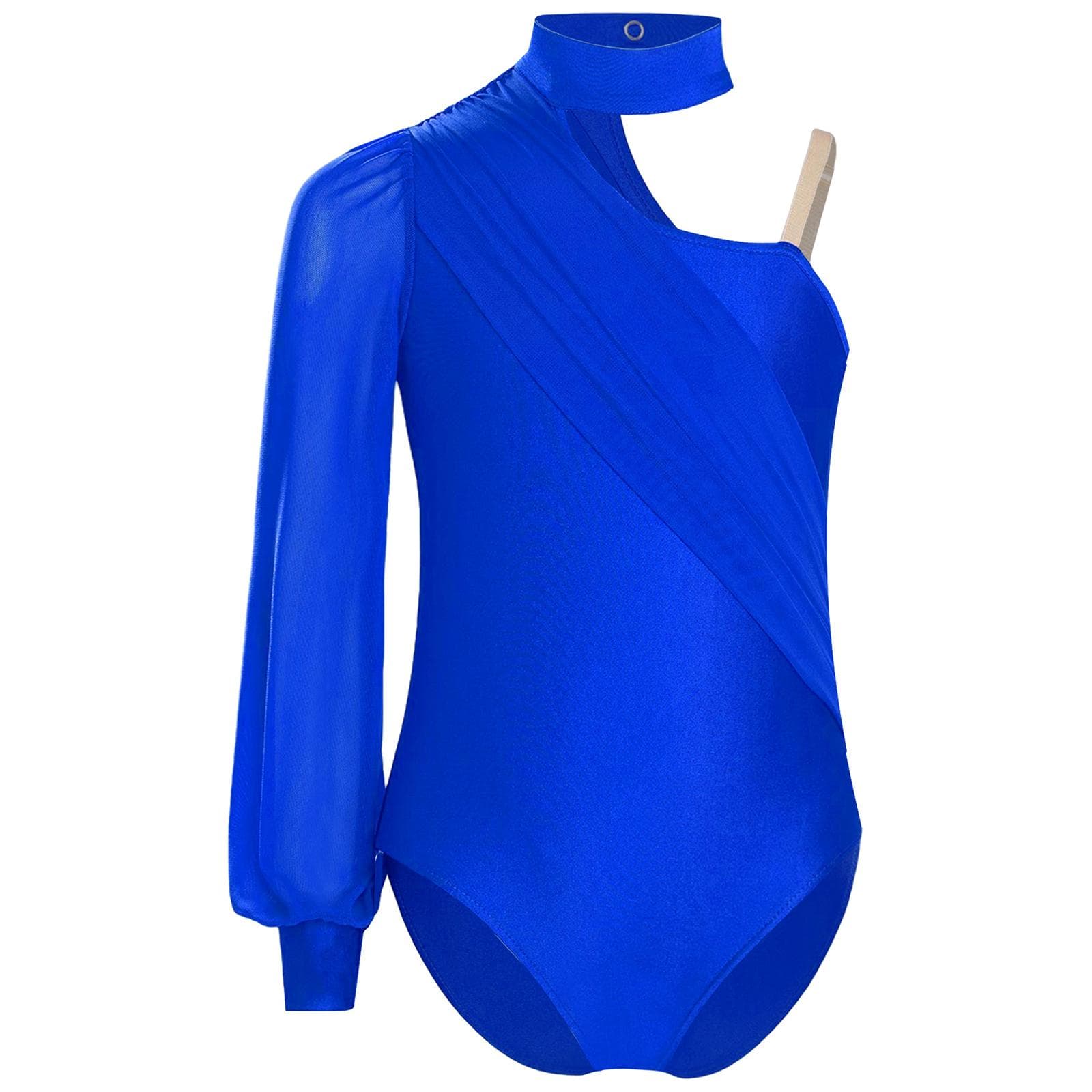 Girls One Shoulder Dance Leotard Mock Neck Long Sleeve Ruched Mesh Bodysuit for Stage Performances Competitions 15-16 Years blue