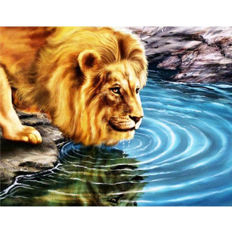 Diamond Painting Lion Drink Water Full Round Diamond Embroidery Mosaic Cross Stitch Home Decoration 20X30CM