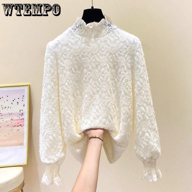 Thickened Lace Bottoming Shirt Autumn and Winter Semi-high Neck Thin Flesh-shading Belly Warm Pop-up Commuter Inner Blouse 3XL apricot