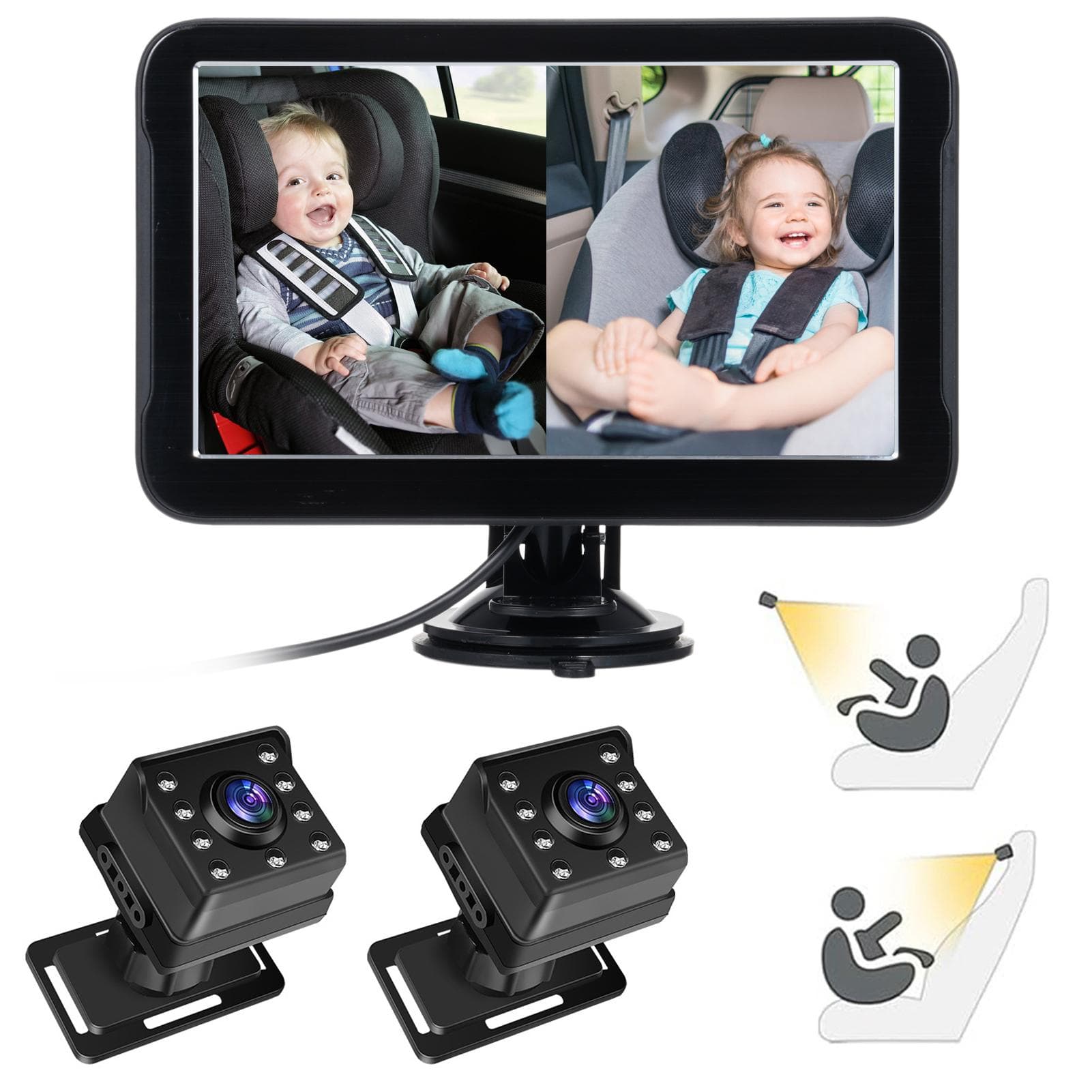 Baby Car Camera, Dual Channel 7 Inch Display with 2 IR Night Vision Cameras, 150°Wide View, 1080P