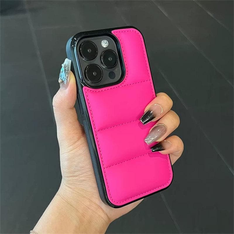 Fashion Down Jacket Puffer Case for iPhone 15 16 14 Plus 13 12 11 Pro X XR XS Max Soft Fabric Silicone Shockproof Funda Cover iPhone XR Rose