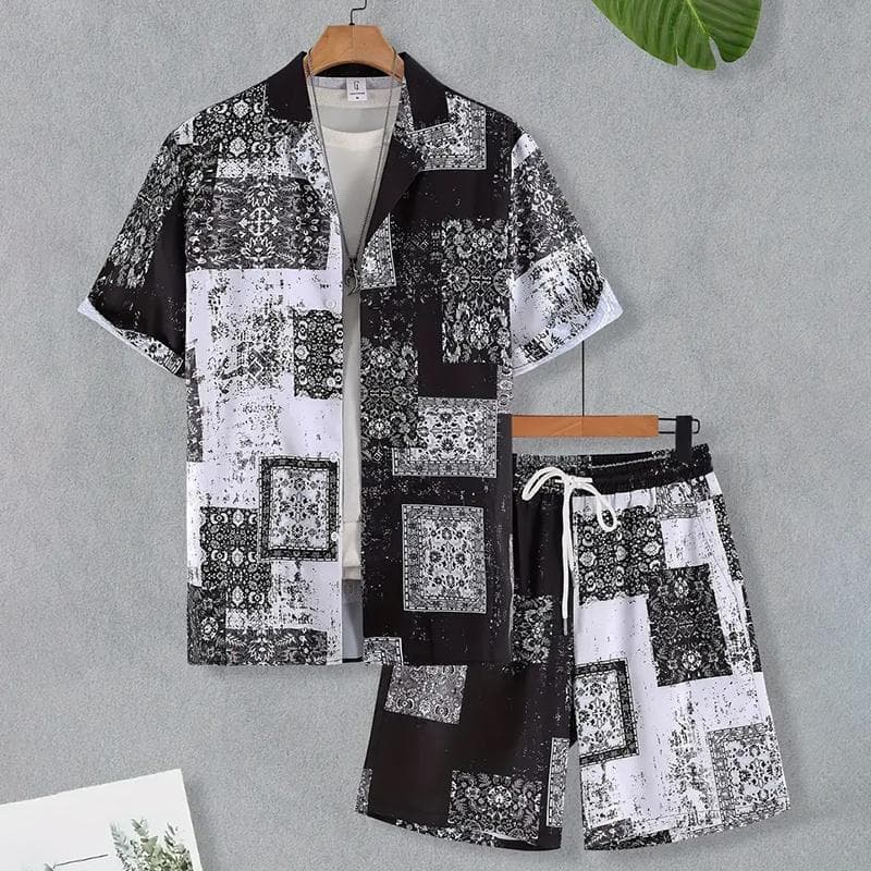 New Men's Summer Holiday Suit Retro Textured Printed Border Shirt Short Sleeve Shorts Two Piece Men's Breathable Pool Suit 3XL