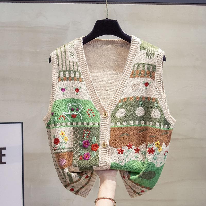 V-neck Knitted Cardigan Vest Vest Women's Autumn Loose Outer Wear Vest Graffiti Wool Waistcoat L khaki