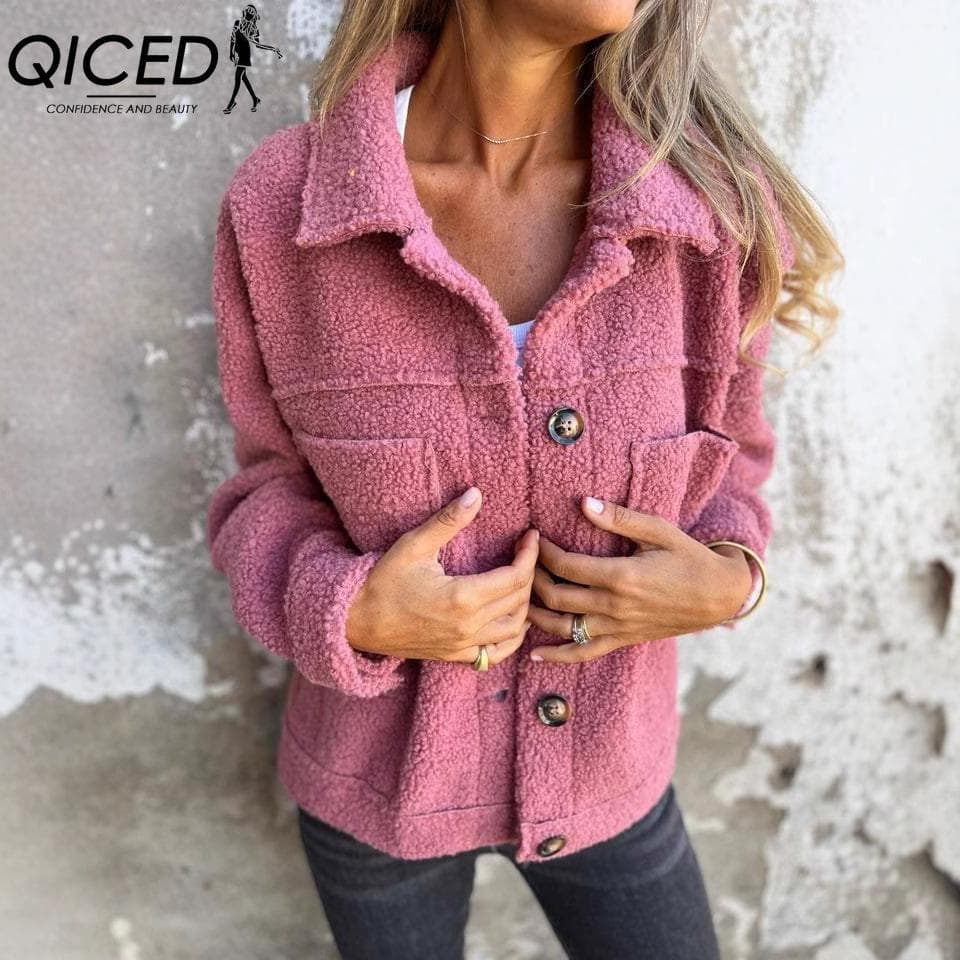 QICED Women's Vintage Casual Lattice Print Autumn Winter Long Sleeve POLO Neck Jackets & Coats M pink