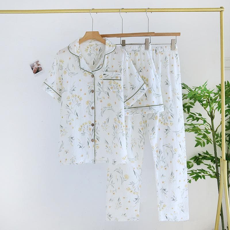 New Spring and Summer Three-piece Women's Pajamas Set 100% Cotton Crepe Thin Short-sleeved + Shorts + Trousers M