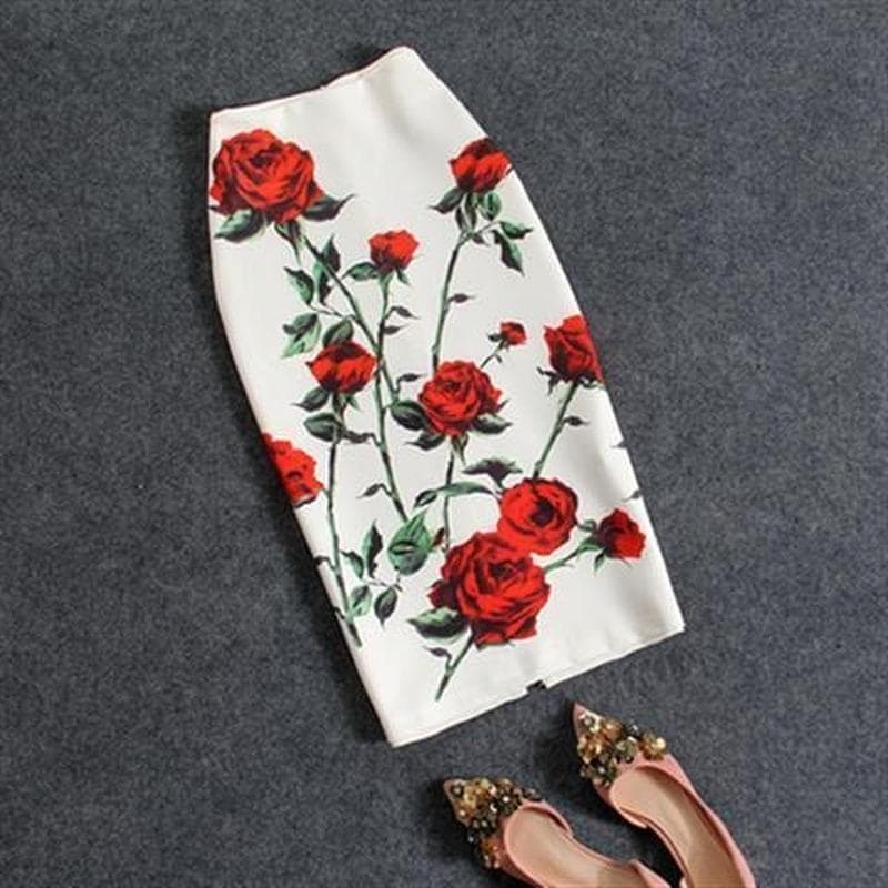 Summer Cartoon Print Elegant Pencil Skirt Women Bodycon High Waist Knee Length Skirt Female M red