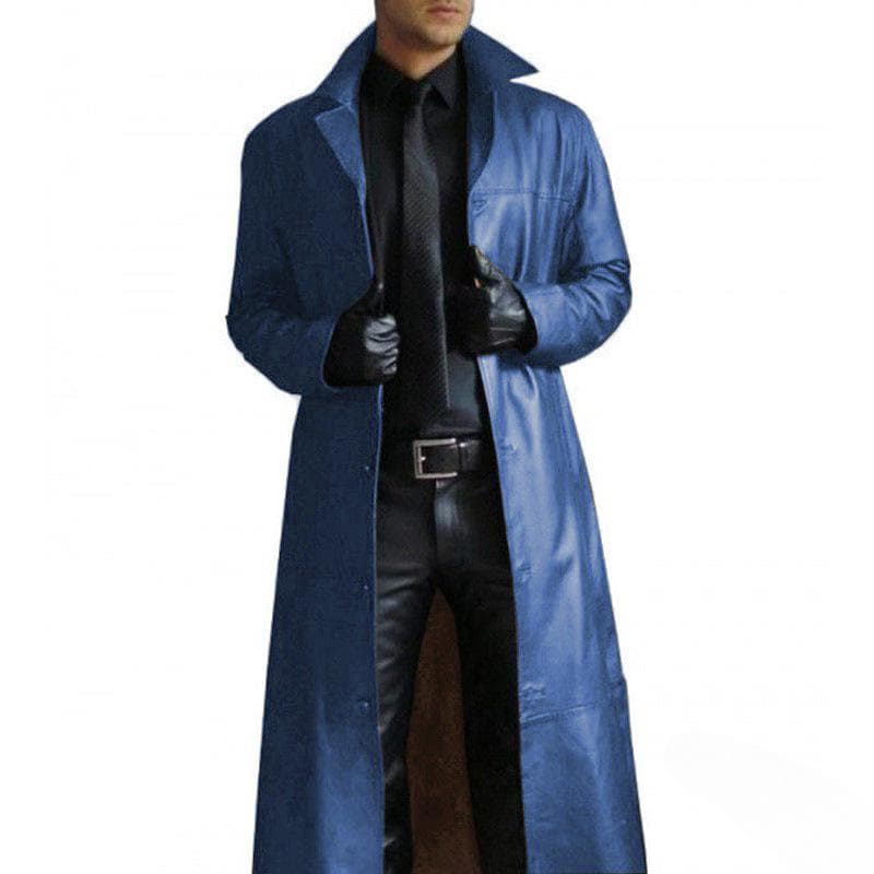 Lapel Solid Color Trench Coat Style Slim Leather Long Pu Leather Jacket for Men 5XL blue