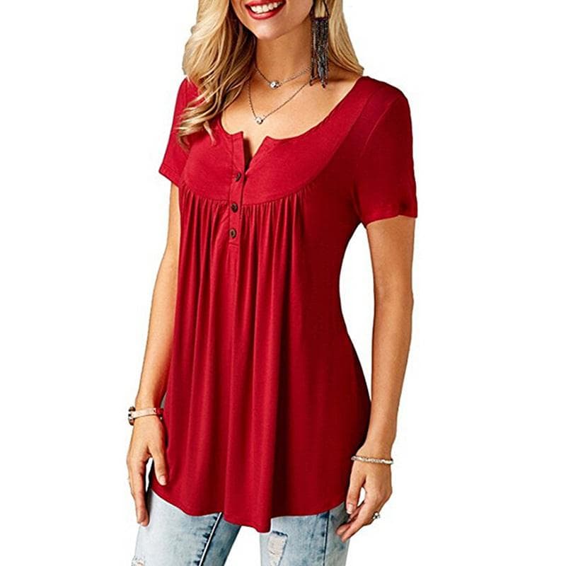 Womens O Neck Button Loose Elastic Tops Ladies Short Sleeve Tunic Shirts Female Casual Blouses 2XL red