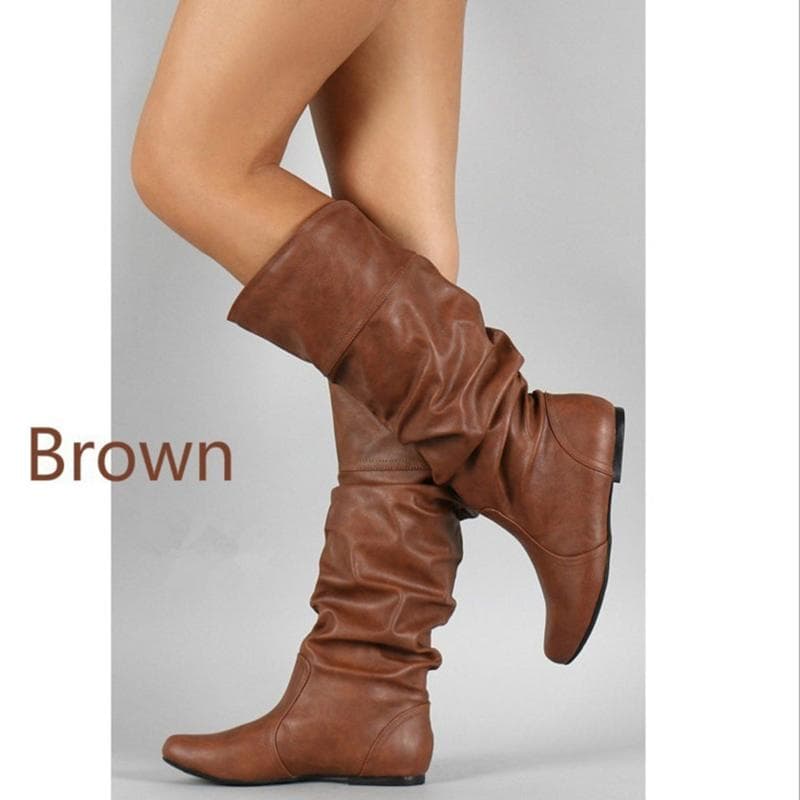 Women Leather Mid Calf Boots Casual Slip On Autumn Winter Wedge Long Fashion Pleated Round Toe Black High Female 38 brown