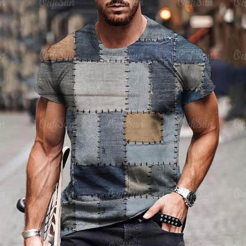 Men's T Shirt 3D Digital Patchwork Graphic Print Short Sleeve T-Shirts Comfy Casual Elastic Crew Neck Men Outdoor Activities Top 3XL