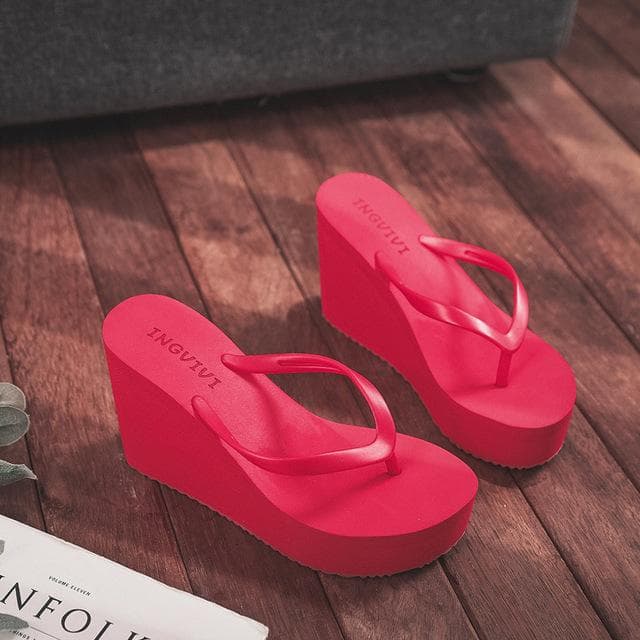 Summer Women's Shoes Beach Flip-flops Platform Sandals High-heeled Sandals Solid Color Skateboard Slippers Women Heels 39 red