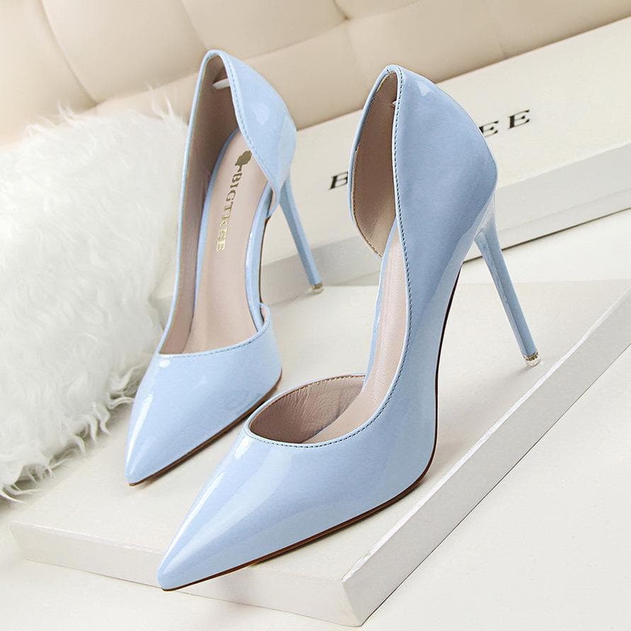 BIGTREE Fashion Simple Fine Heel 10.5cm High Heel Patent Leather Pointed Sexy Thin High Heel Single Shoe 34 sky