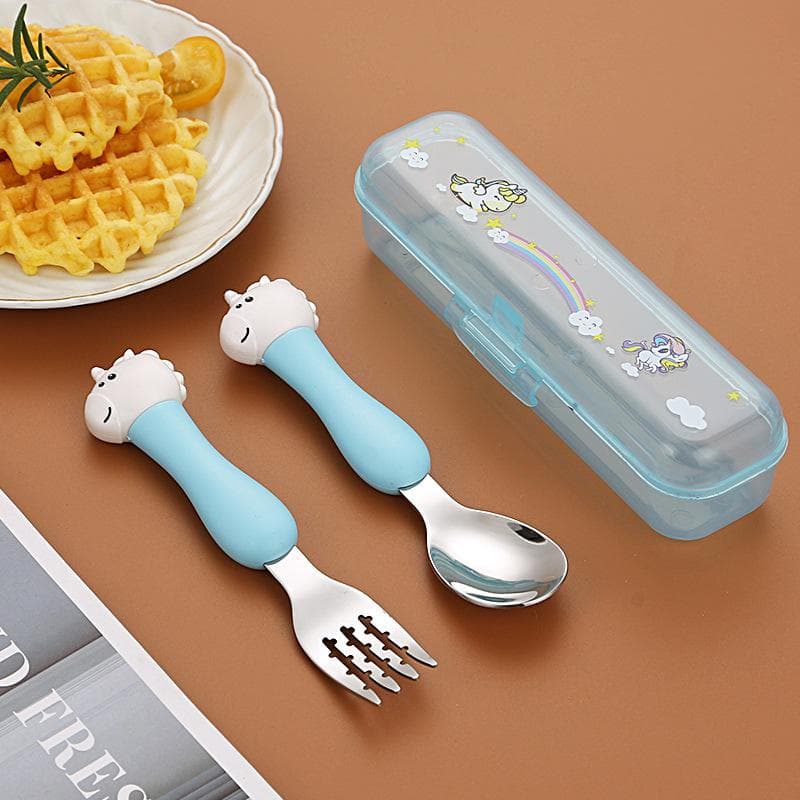 304 Stainless Steel Dinosaur Baby Children's Portable Tableware Cartoon Spoon Fork Learning Training Chopsticks Fork Spoon Set blue