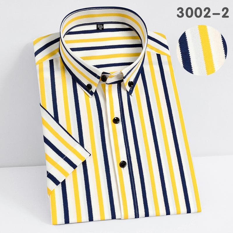 Short Sleeve Strech Striped Shirts for Men Summer Soft Business Mens Dress Shirt Casual Regular Fit Quality No Front Pocket L yellow