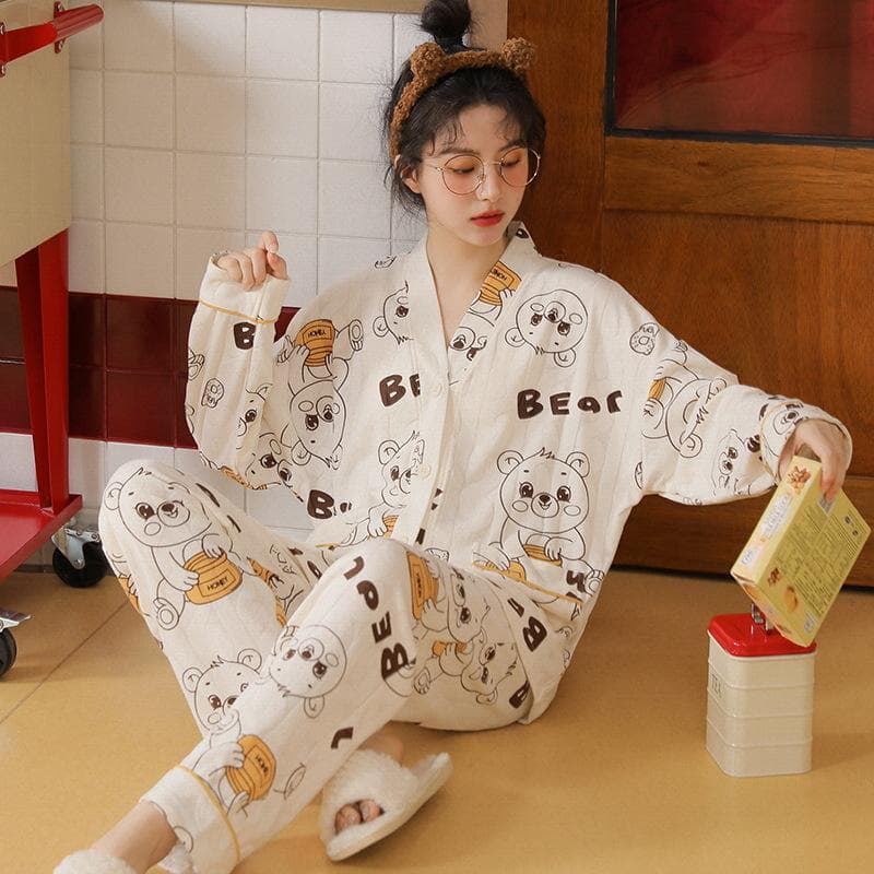 Autumn Thin 2pieces Pyjamas Set Women Cotton Round Neck Girls Pajamas Sets Full Sleepwear Comfortable and Breathable Suit 2XL