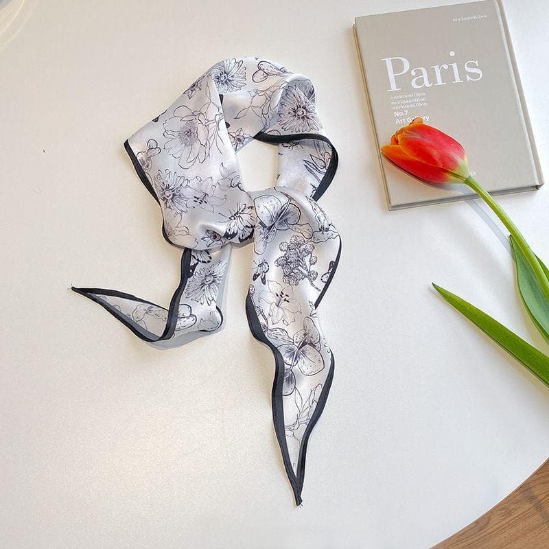 Floral Countryside Style Spring and Summer Diamond Shaped Scarf Temperament Silk Scarf Women's Headband Tie Bag 25*105CM black