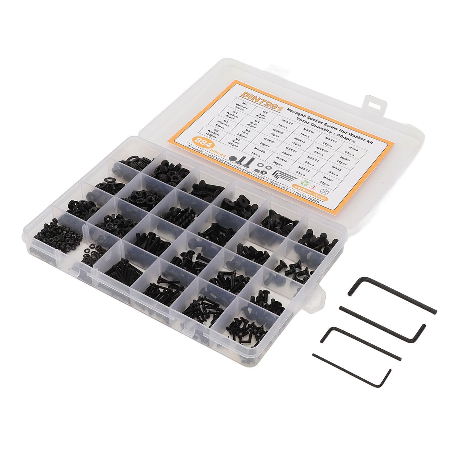 884PCS M2 M3 M4 M5 Carbon Steel Hex Socket Screw Nut Washer Kit with Storage Box Black