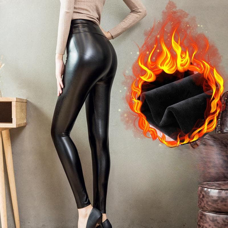 PU Bright Large Leather Pants for Women with Thick Velvet Bottom Pants for Outer Winter High Waist Tight Pants XXXL
