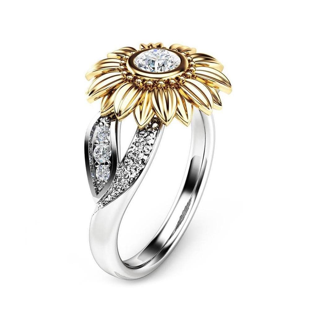 Fashionable Female Copper Engagement Round Sunflower Ring with Zircon Decoration 6# Type 6