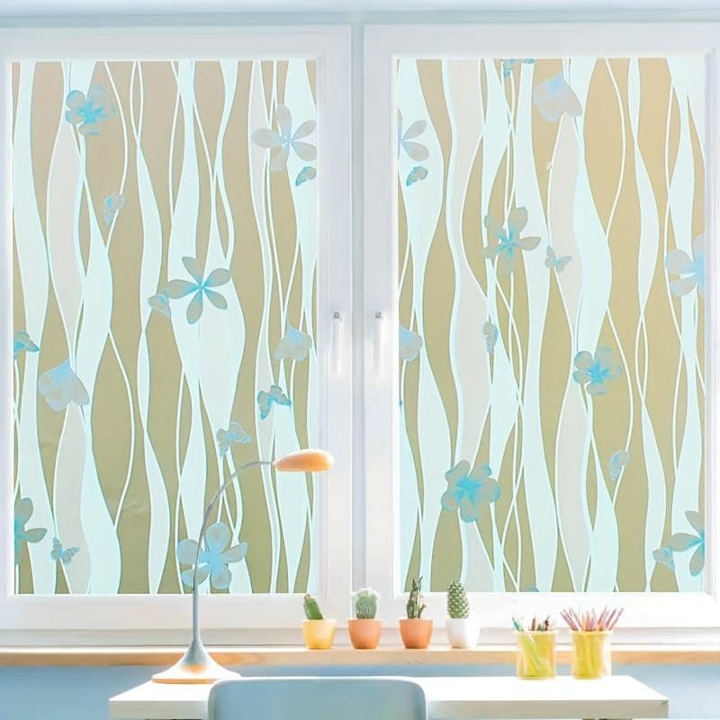 1 Roll 60cm Wideband Adhesive Blue Butterfly Pattern Privacy Film Heat Control UV Protection, Opaque Window Stickers 5m
