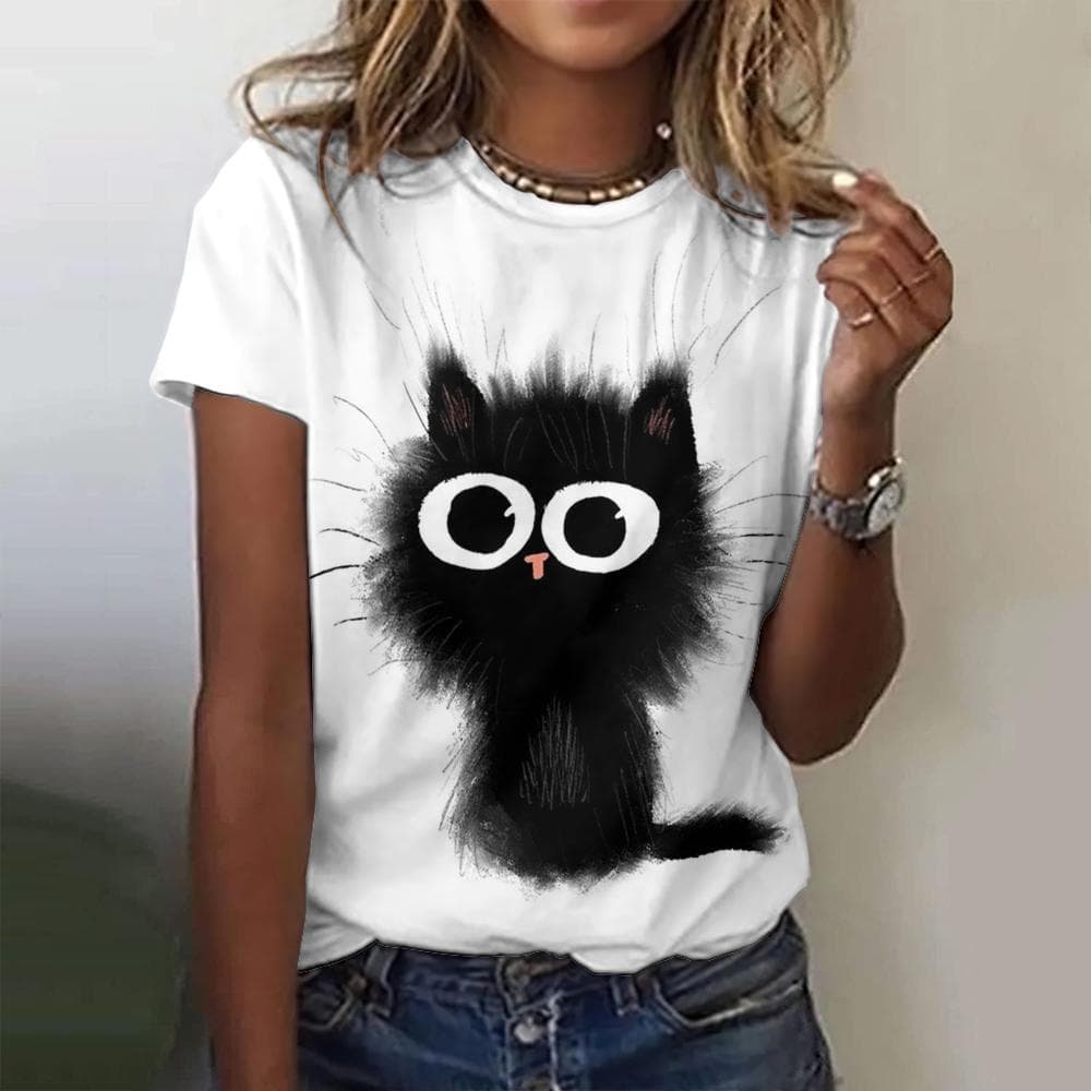 Funny Cat Print Women T-Shirts Top Pullover Loose Tee Shirt Short Sleeved Street O-Neck Polyester Female Casual Clothing Summer XXXL