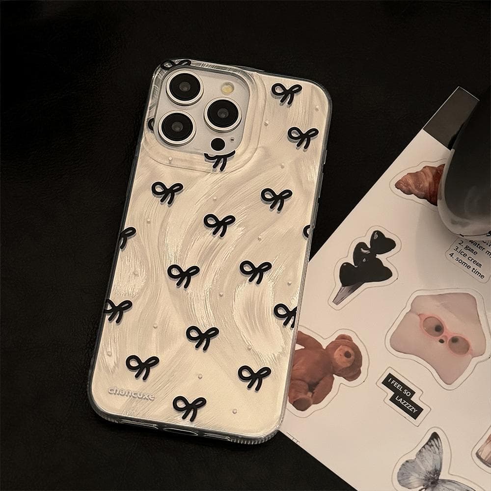 Small White Dot Black Bow Case For iPhone 15 14 13 12 11 Pro Max Plus Gloss Material Protection Phone Cover For iPhone 12 ProMax