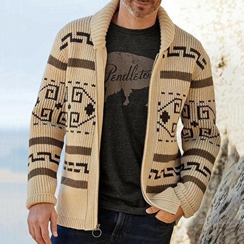 Autumn Winter New Men's Fashion Lapel Casual Cardigan Coat Long Sleeve Slim Jacquard Knitted Sweater XXL khaki