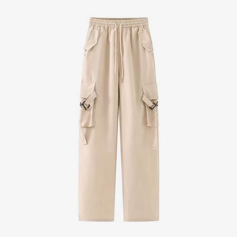 Summer thin high waist and thin wide legs straight casual American sports long pants 3XL apricot