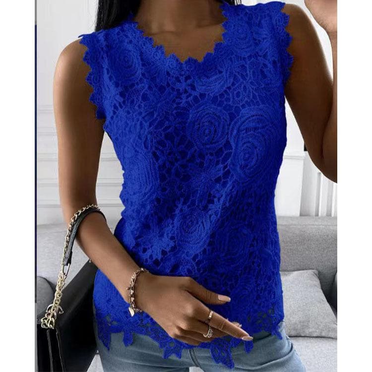 Plus Size Floral Vest Camisole Summer Tops Fashion Lace Blouse Women Jacquard Sleeveless Shirts Casual Women Vintage T-Shirt XL blue