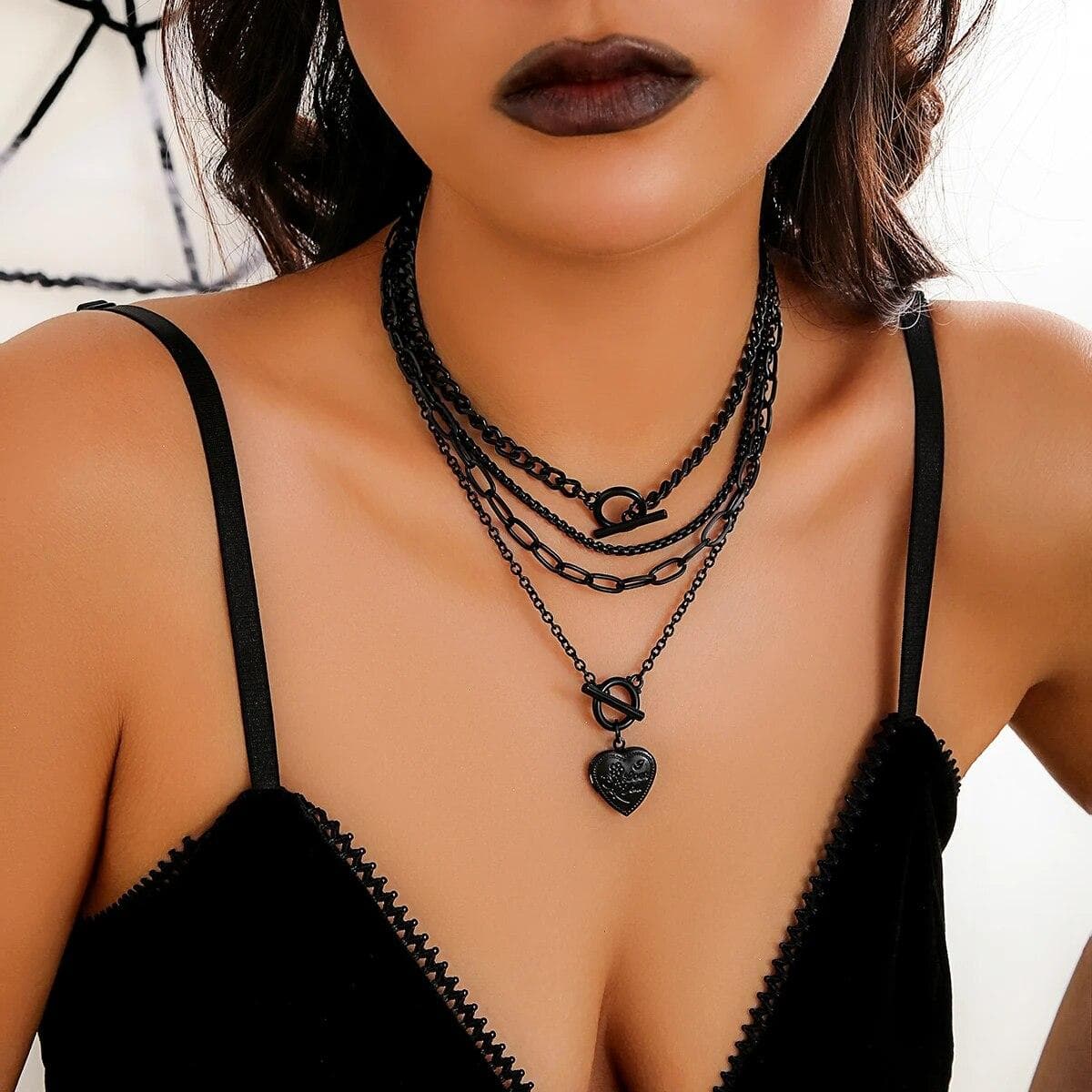 Multilayer Black OT Buckle Peach Heart Pendant Necklace Set Women Punk Cuban Link Clavicle Chain Halloween black