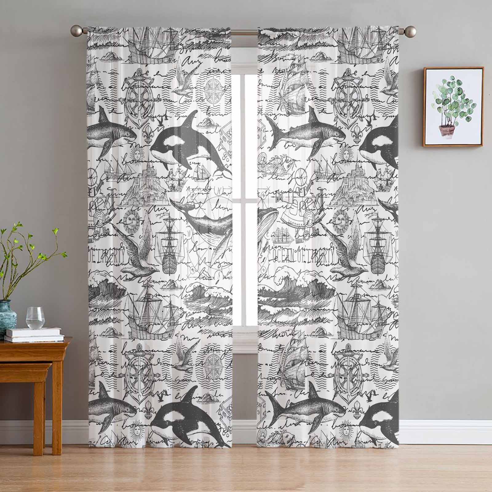 Ocean Summer Vintage Dolphin Window Tulle Curtains for Living Room Bedroom Hotel Luxury Decoration Sheer Curtains 135W x 114H(cm)