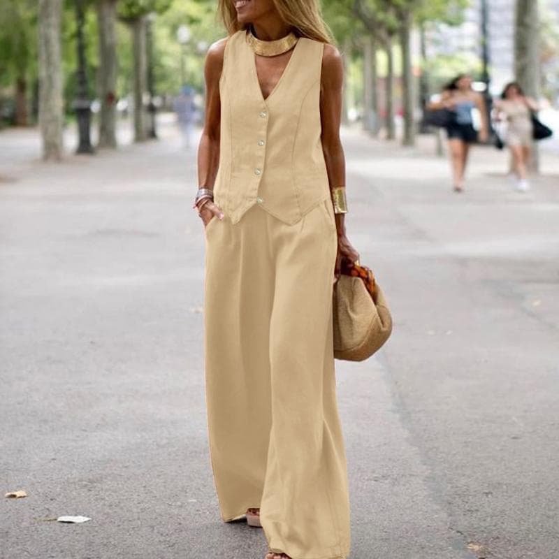 ZANZEA Women Sleeveless Vest Tops and Pants Summer Two Piece Suit Sets S khaki