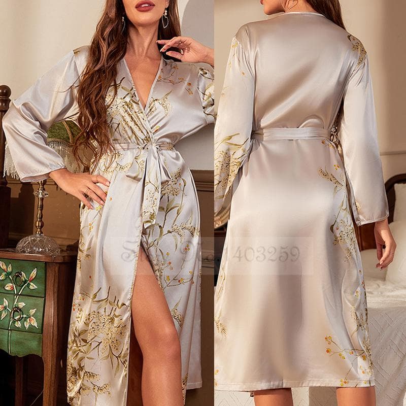 Black Print Flower Long Robe Nightgown Silk Satin Female Sleepwear Nightdress Spring Summer Loose Kimono Bathrobe Gown Home Wear XL