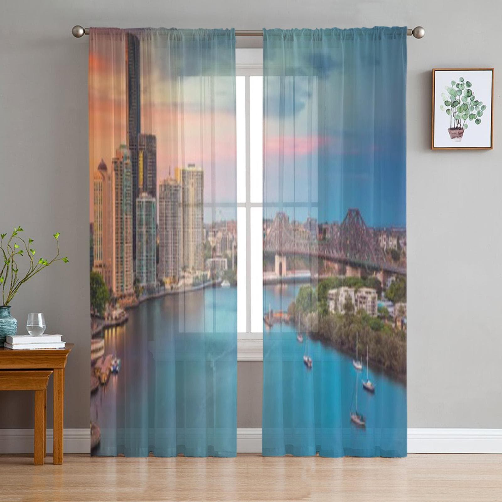 Sunset Sky At Brisbane Australia With Reflection Dramatic Chiffon Sheer Curtains Living Room Bedroom Window Voiles Tulle Curtain 135W x 114H(cm)