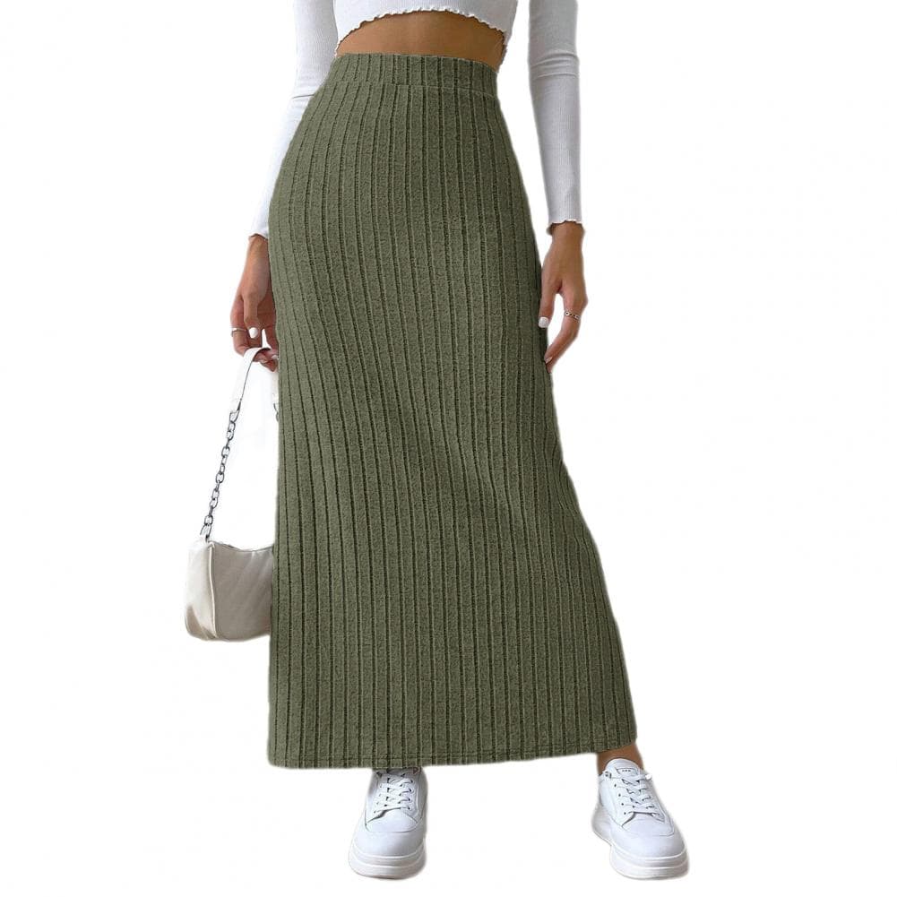 Slim Fit Women Skirt Elegant Women's High Waist Maxi Skirt with Side Slit Ribbed Knitting Design Solid Color Slim Fit Long for A XXL army green