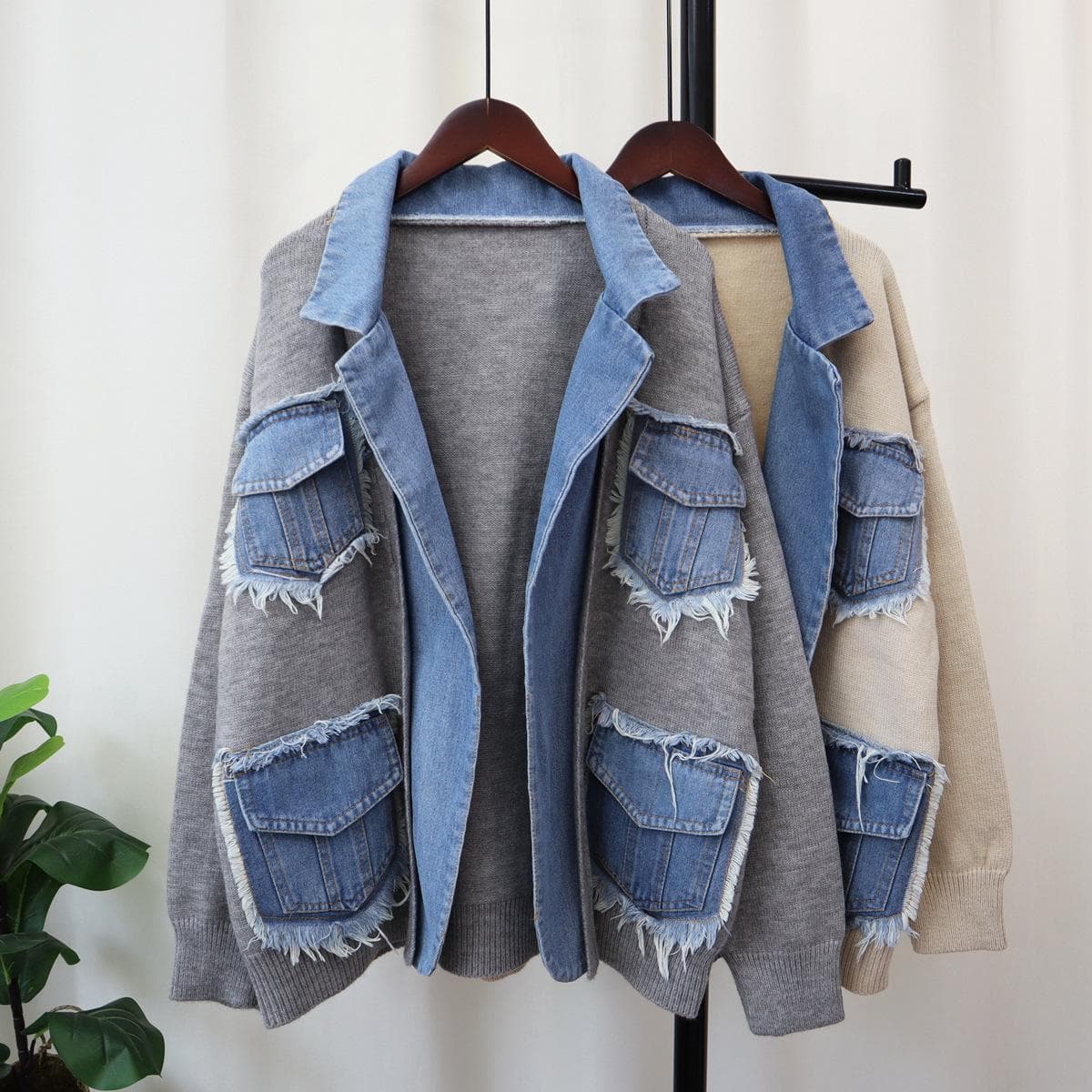 Autumn Winter Denim Pocket Spliced Women Sweater Jacket Casual Versatile Knit Female Cardigans Coat Tops One Size gray