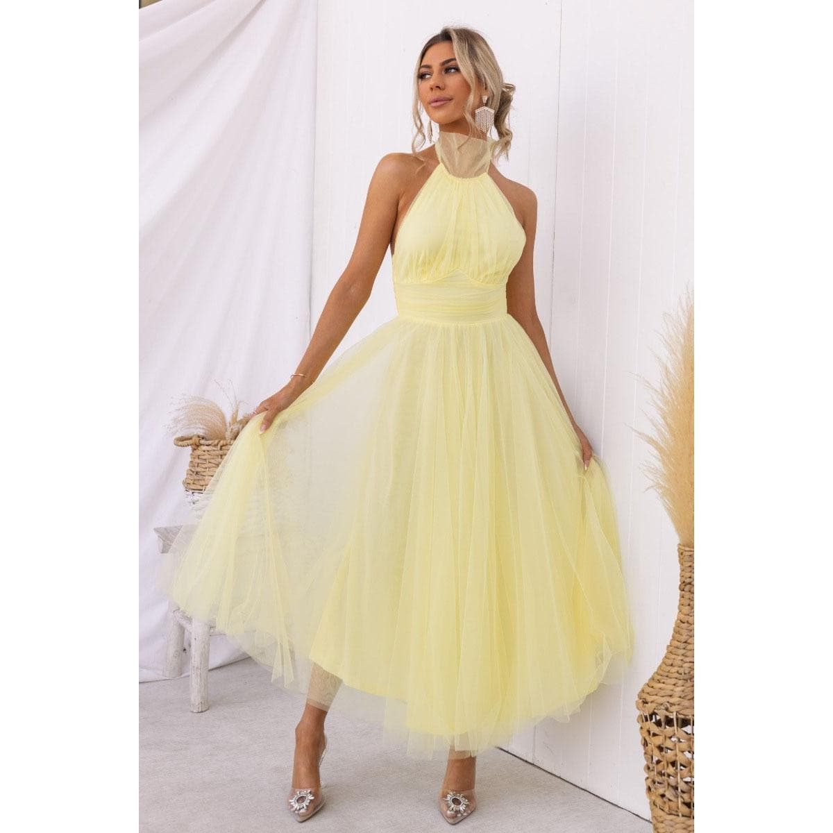 Women Evening Dress Sleeveless Layered Collar Open Back Halter Neck Lace Up High Off Shoulder Mesh Hem L yellow