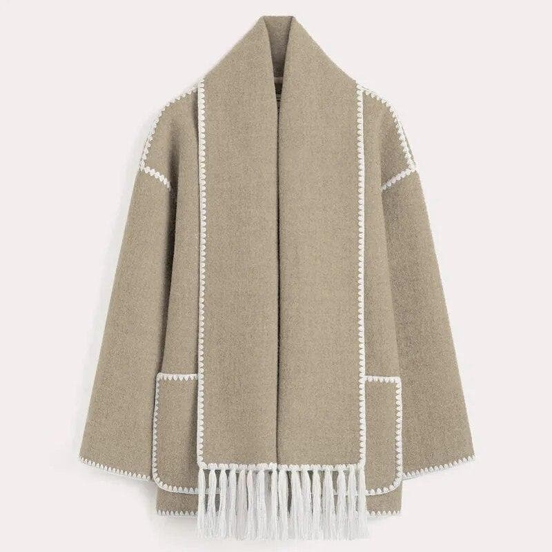 Woolen Jacket Women Autumn Patchwork Tassel Scarf Single Breasted Pocket Coats Casual Fashion Long Sleeve Loose Top Streetwear M khaki