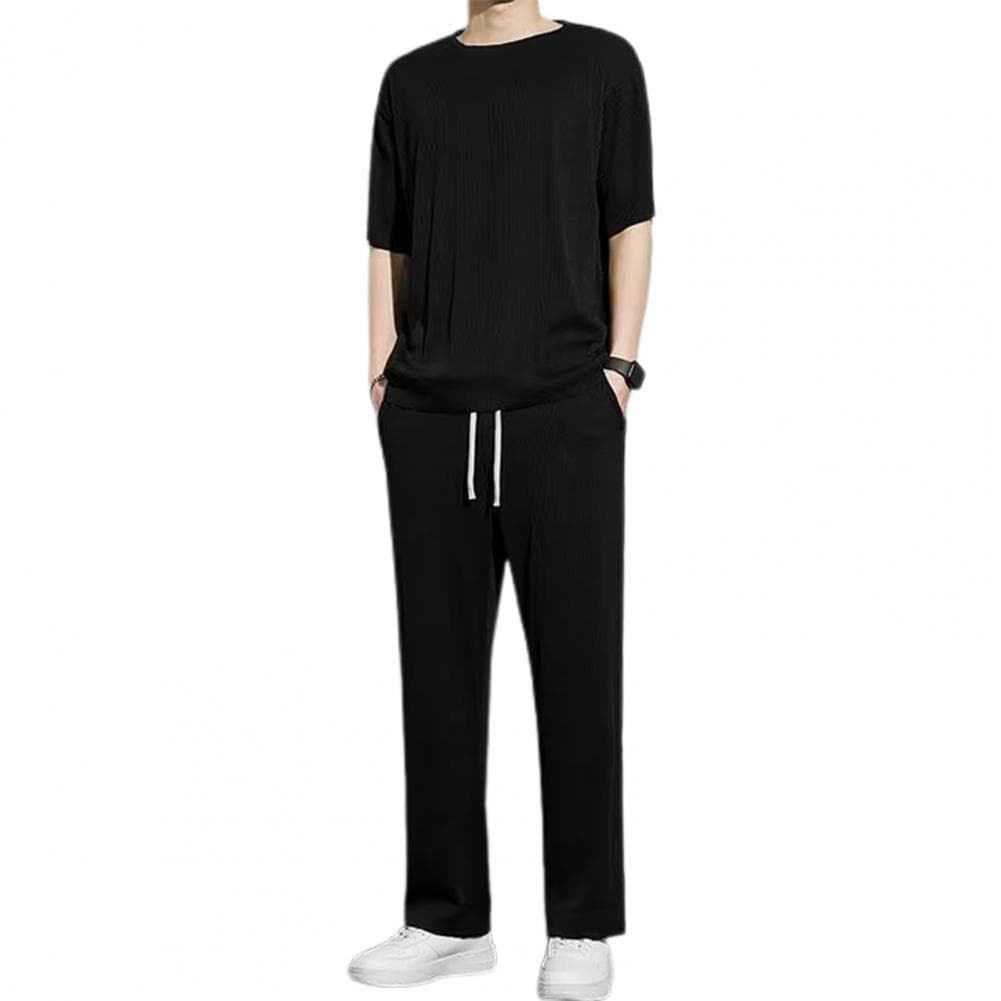 2Pcs/Set Men Summer Casual Outfit O-neck Short Sleeve T-shirt Elastic Drawstring Waist Wide Leg Long Pants Set Solid Color Casua XL black