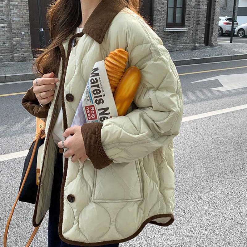 New Korean Short Down Jacket Design Sense Contrasting Color Lapel Jacket M