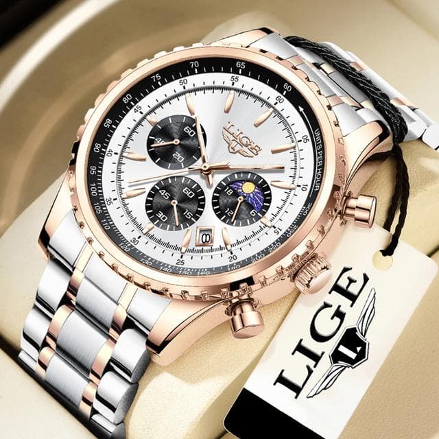 LIGE New Men's Watches Top Brand Luxury Men Wrist Watch Leather Quartz Watch Sports Waterproof Date Chronograph gold/white