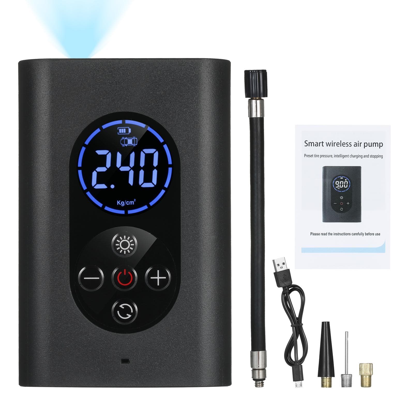Tire Inflator Portable Air Compressor 150PSI Electric Air Pump with Pressure Gauge LED Light black