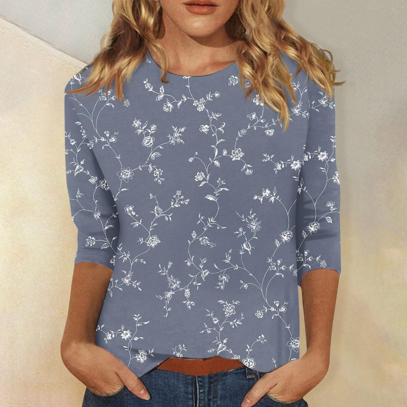 Women Summer Tops Comfortable T Shirt Fashion Flower Print Round Neck 3/4 Sleeve Tops Soft Versatile Pullover Ropa De Mujer 7XL