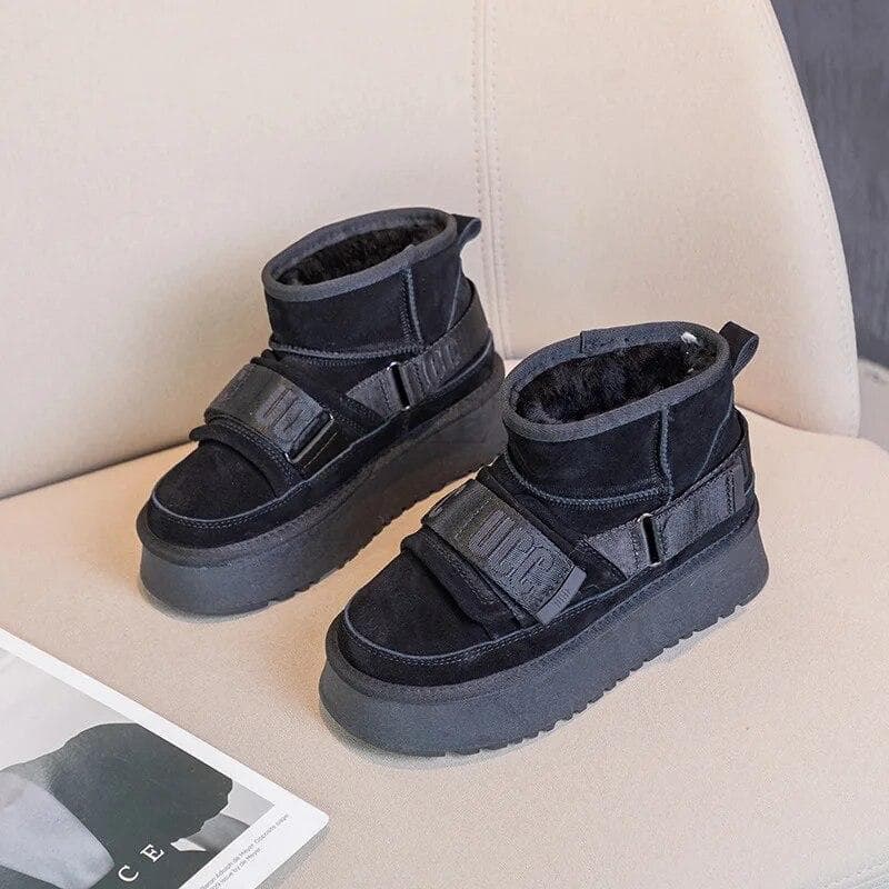 Cow Suede Winter Women's Shoes Fashion Snow Boots for Girls Flat Designer Platform Boots Casual Thickening 38 black