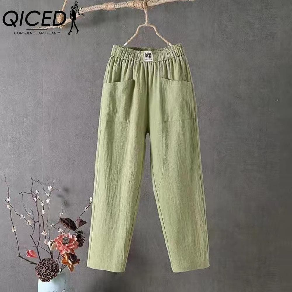 QICED Summer Women Trousers Casual Cotton Linen Pants Loose Straight Trousers Nine Point Harem Pants L green