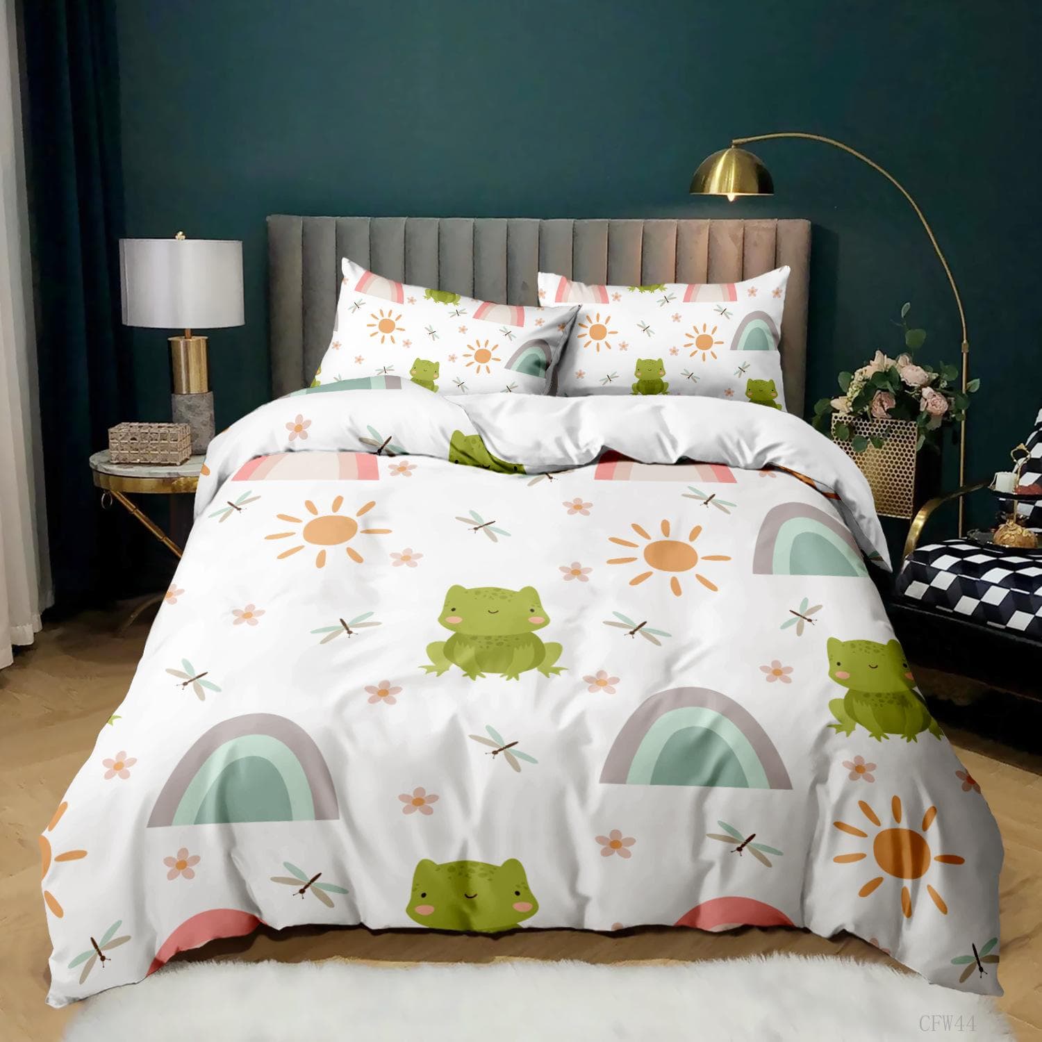 Animal Frogs Duvet Cover Set King Queen Size Green Lovely Cartoon Frog Bedding Set Kids Toad 2/3pcs Polyester Comforter Cover 135x200cm 2pcs