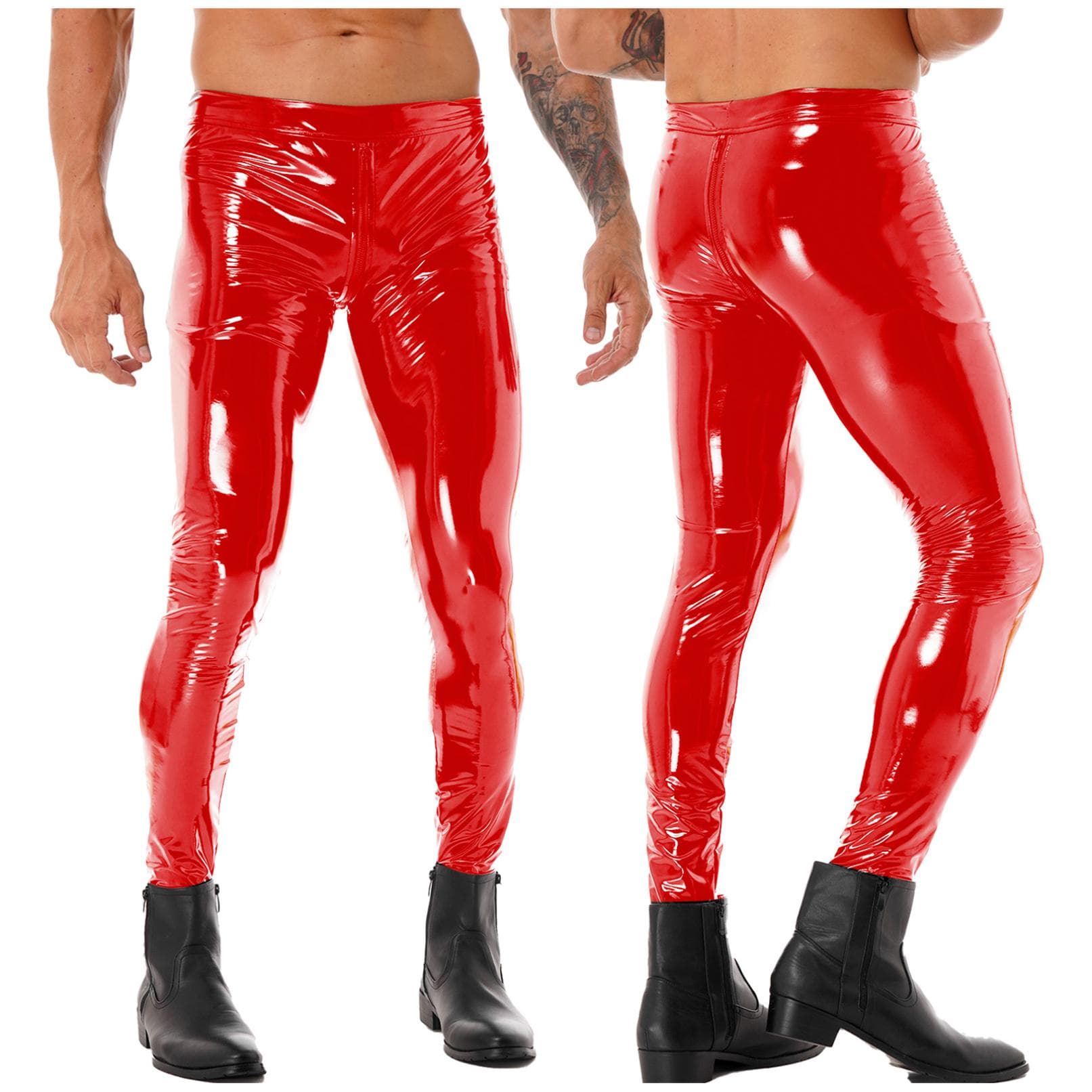 Mens Glossy Zipper Crotch Trousers Wet Look Patent Leather Skinny Pants Clubwear Leggings L red
