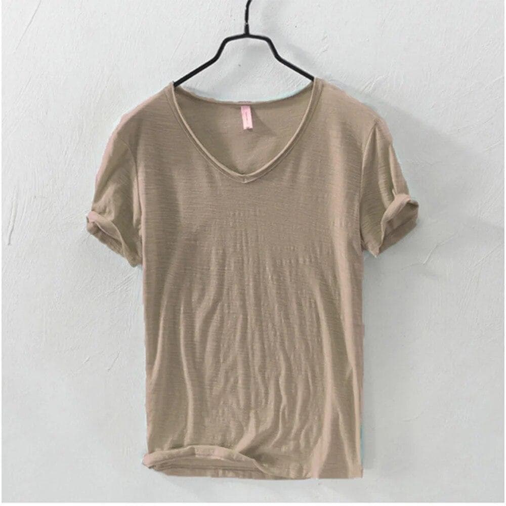 New Slim Fit Slub Cotton Pure Color V Collar Short Sleeved Tops Tees Men T-Shirt Multi-color Man T-Shirts Fitness EU XL 77-85kg khaki