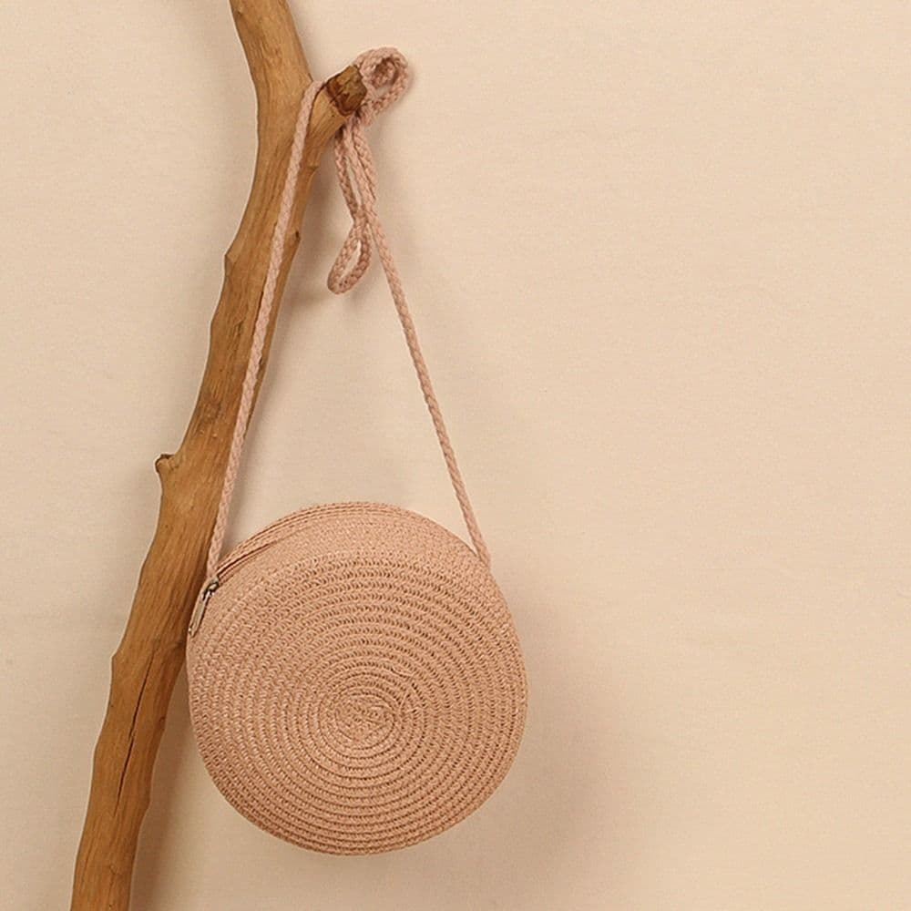Rattan Knitted Candy Color Small Handbag Round Straw Bag Women Woven Beach Crossbody Bag for Ladies Cute Shoulder Bag One Size pink