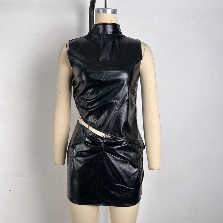 Women's Summer Black PU Face Stand Collar Sleeveless Pleated Irregular Waist-exposed Hip Skirt Suit for Women L black